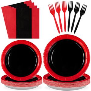 96 Pcs Red and Black Birthday Party Supplies Stranger Black and Red Paper Plates and Napkins Tableware Sets for Xmas Holiday Spooky Theme Baby Shower Fiesta Party Decorations, Serves 24