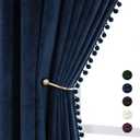 VANASEE Pompom Velvet Curtains for Bedroom Rod Pocket 52x84 inch Soft Blackout Window Curtains Room Darkening Drape Light Blocking for Living Room 2 Panels, Navy