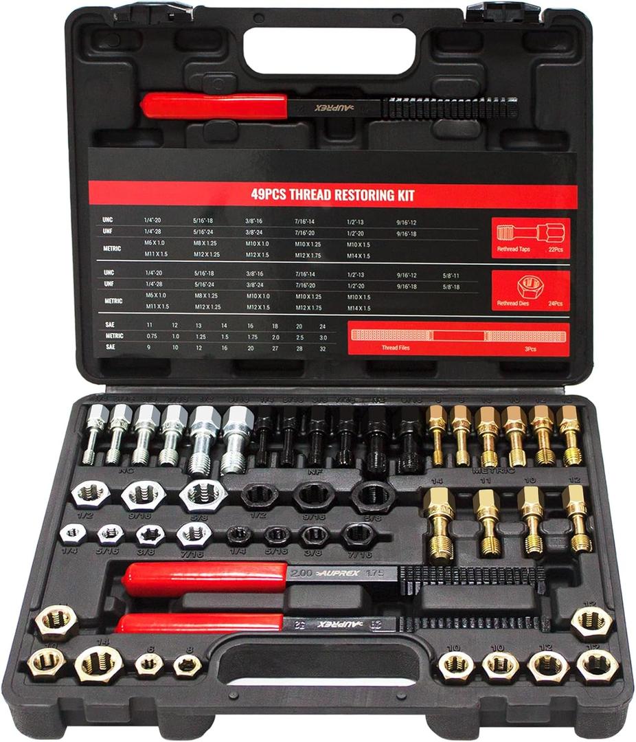 49Pcs Thread Chaser Set, UNC, UNF & Metric Thread Repair Kit with Taps, Dies and Thread Files for Re-Threading, Universal Metric and SAE Thread Chaser Kit