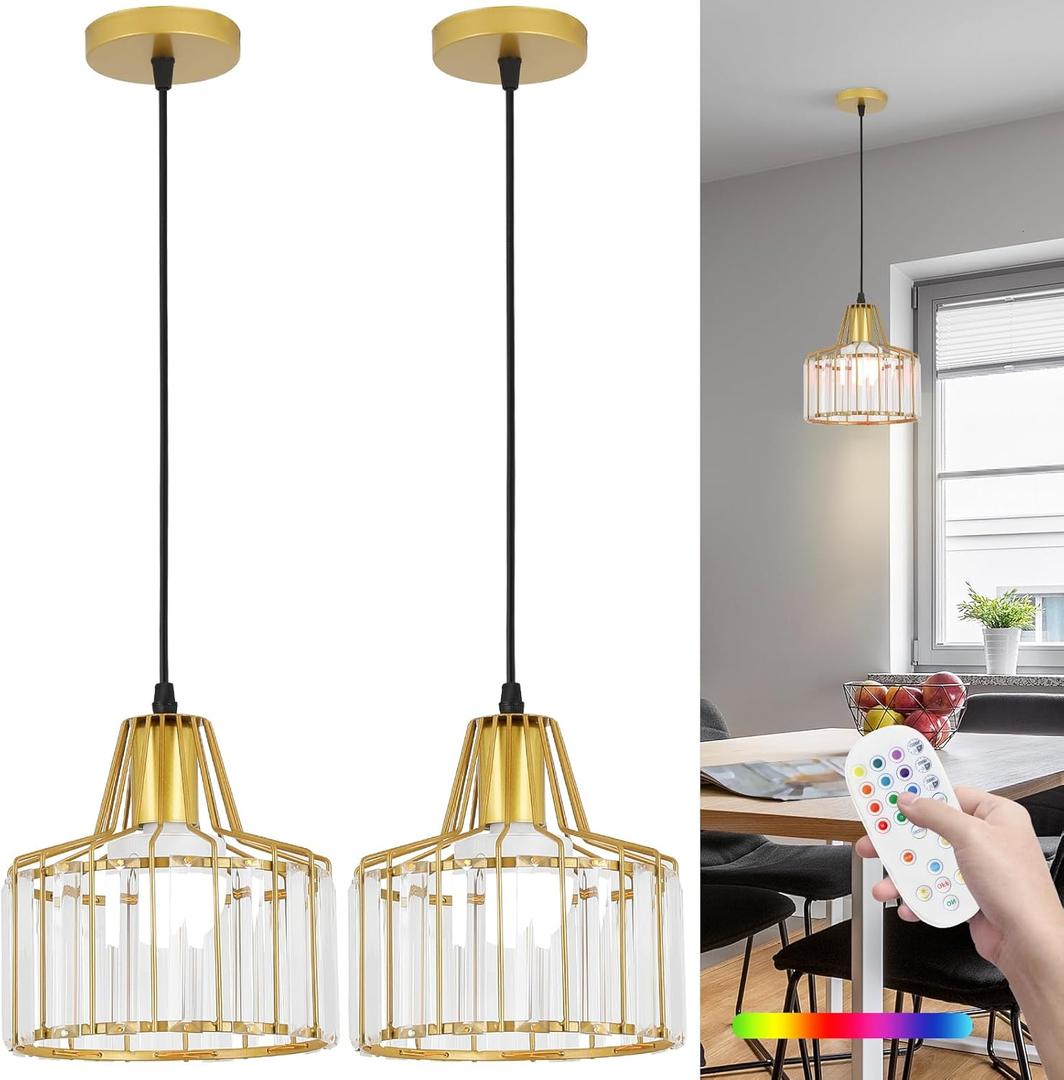 Battery Operated Pendant Lights,Rechargeable Pendant Light with Remote,Gold Pendant Light Fixtures for Kitchen Island,Modern Crystal Hanging Lights for Bedroom,Dining Room Hallway Entryway