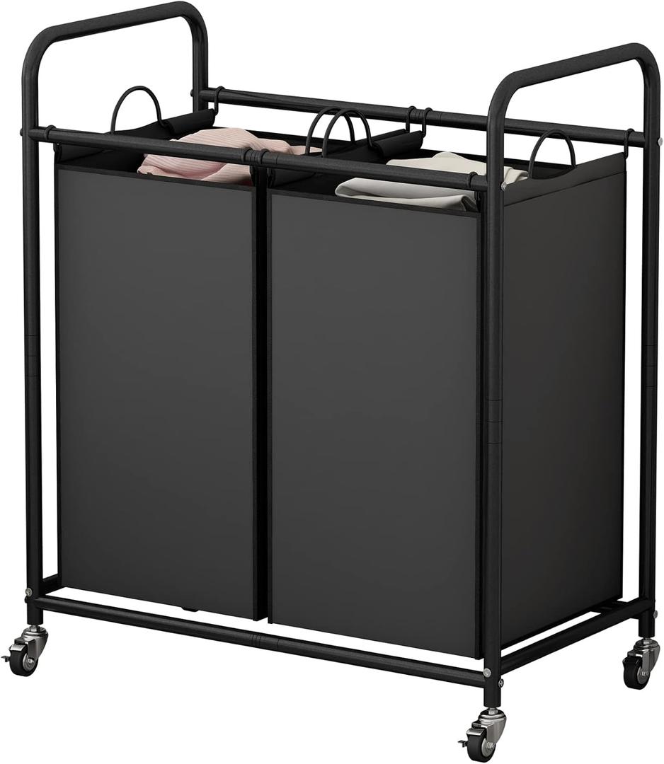 Laundry Sorter Basket 2 Bag Laundry Hamper Cart with Rolling Lockable Wheels and Removable Bags Laundry Organizer Cart for Clothes Storage, Black