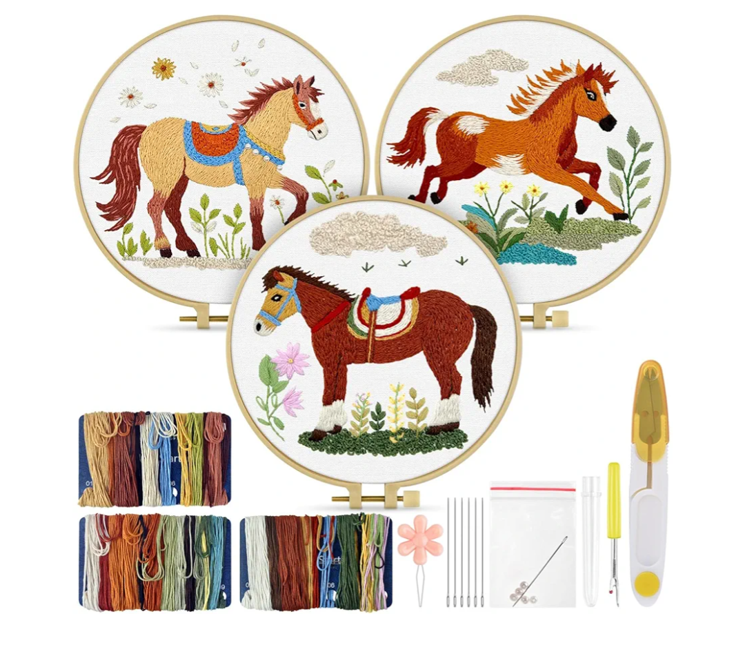 TINDTOP Embroidery Kit for Adult, 3 Pack Embroidery DIY Starter Kit, with Stamped Patterns, Hoop, Tools, Colorful Threads with Needles, Instructions