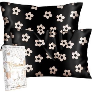 Silk Pillowcase 2 Pack - Cute Pillow Cases 20" x 26" Standard Size Set of 2 for Hair and Skin Smooth Soft Breathable with Hidden Zipper Cooling Pillow Covers for Sleeping, Black Flower