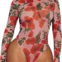 Women's Printed Mesh Long Sleeve Bodysuit, Sexy One Piece with Mock Neck Snap Crotch Leotard Top (Red, M)