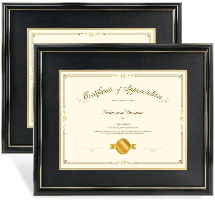 2 Pack 15x18 Black Gold Color Document Frame for 11x14 Diploma/Certificate/Picture, Includes Double Mat and UV Protection Acrylic (Black Over Gold Double Mat)