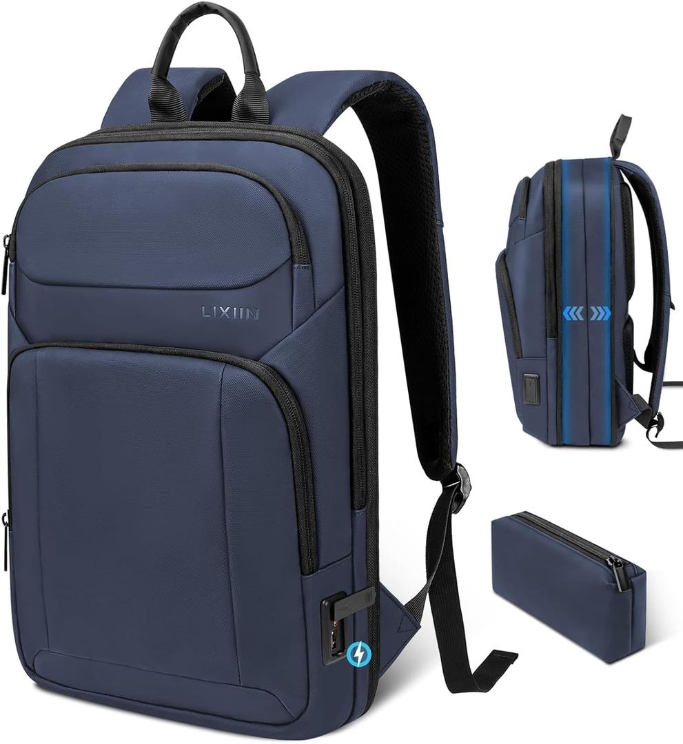 Backpack for Men Slim & Expandable Travel Laptop Backpack with USB Charging Port Water Resistant Anti-Theft Business Backpack Fits 15.6In Laptop for Commute Work College with Small Bag(Navy Blue)