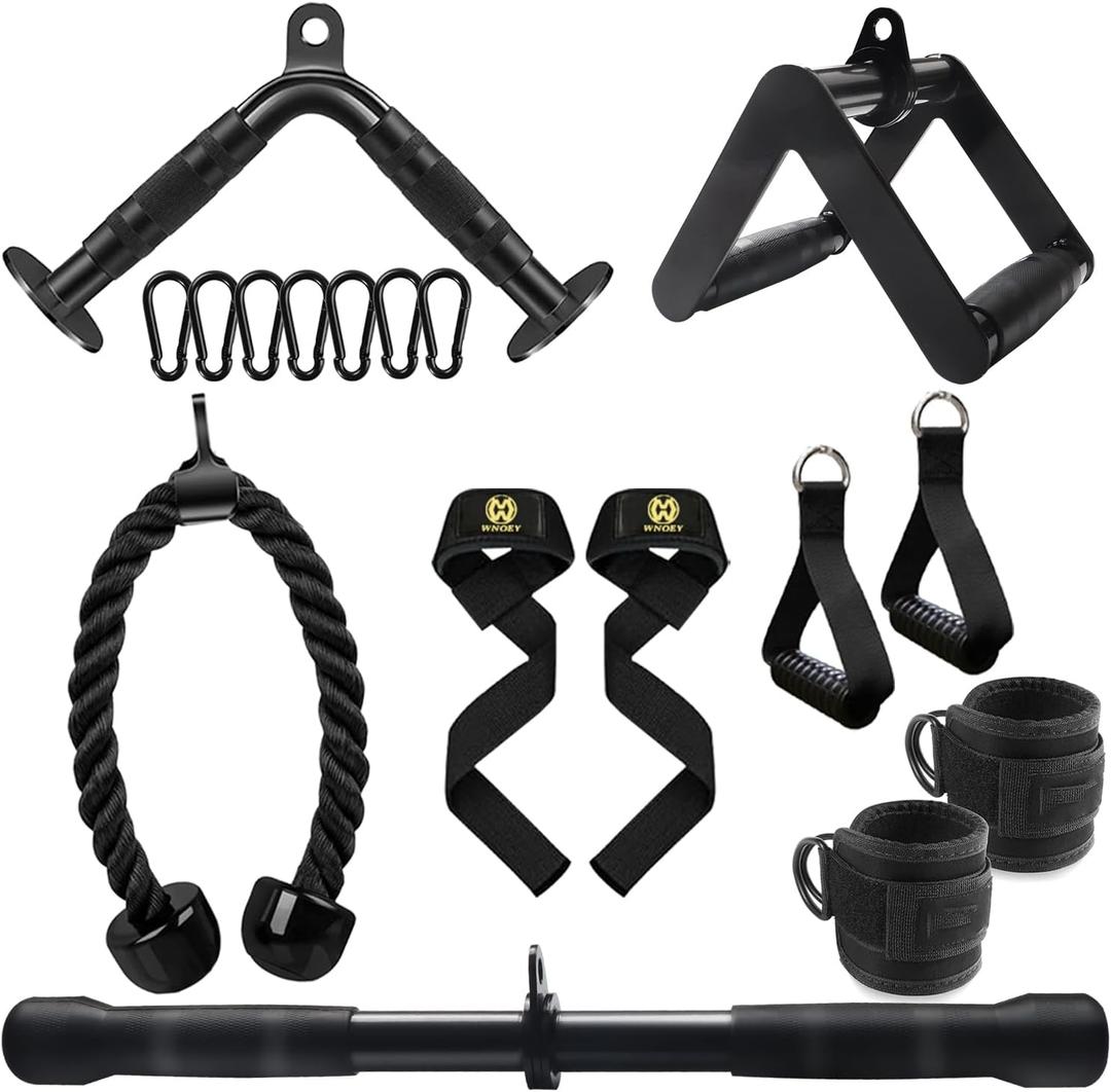 LAT Pulldown Attachments, Cable Machine Attachment Gym Accessories, Cable Attachments for Gym, Home Gym Accessories (Tricep Rope +Double D+ Straight Bar +V Bar+Ankle Straps+Cable Machine Handles+Snap Hooks+Lifting Wrist Straps)