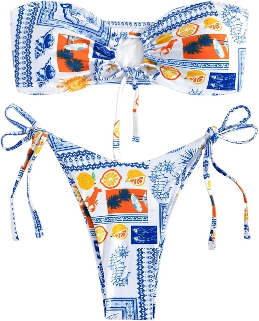 ZAFUL O Ring Bandeau Bikini Sets for Women Sexy Strapless Swimsuits 2 Piece High Cut Bathing Suit (Medium, Printed-white)