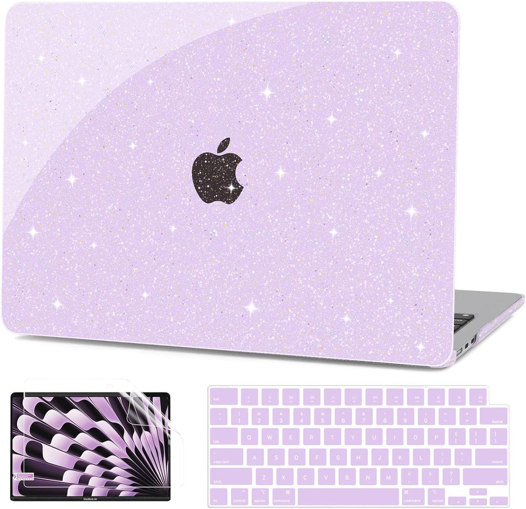 G JGOO Compatible with MacBook Air 13 inch Case 2026 2025 2024 2023 2022 M4 A3240 M3 A3113 M2 A2681, Glitter Plastic Hard Shell for MacBook Air 13.6 inch Case + Keyboard Cover+ Screen Protector, Purple