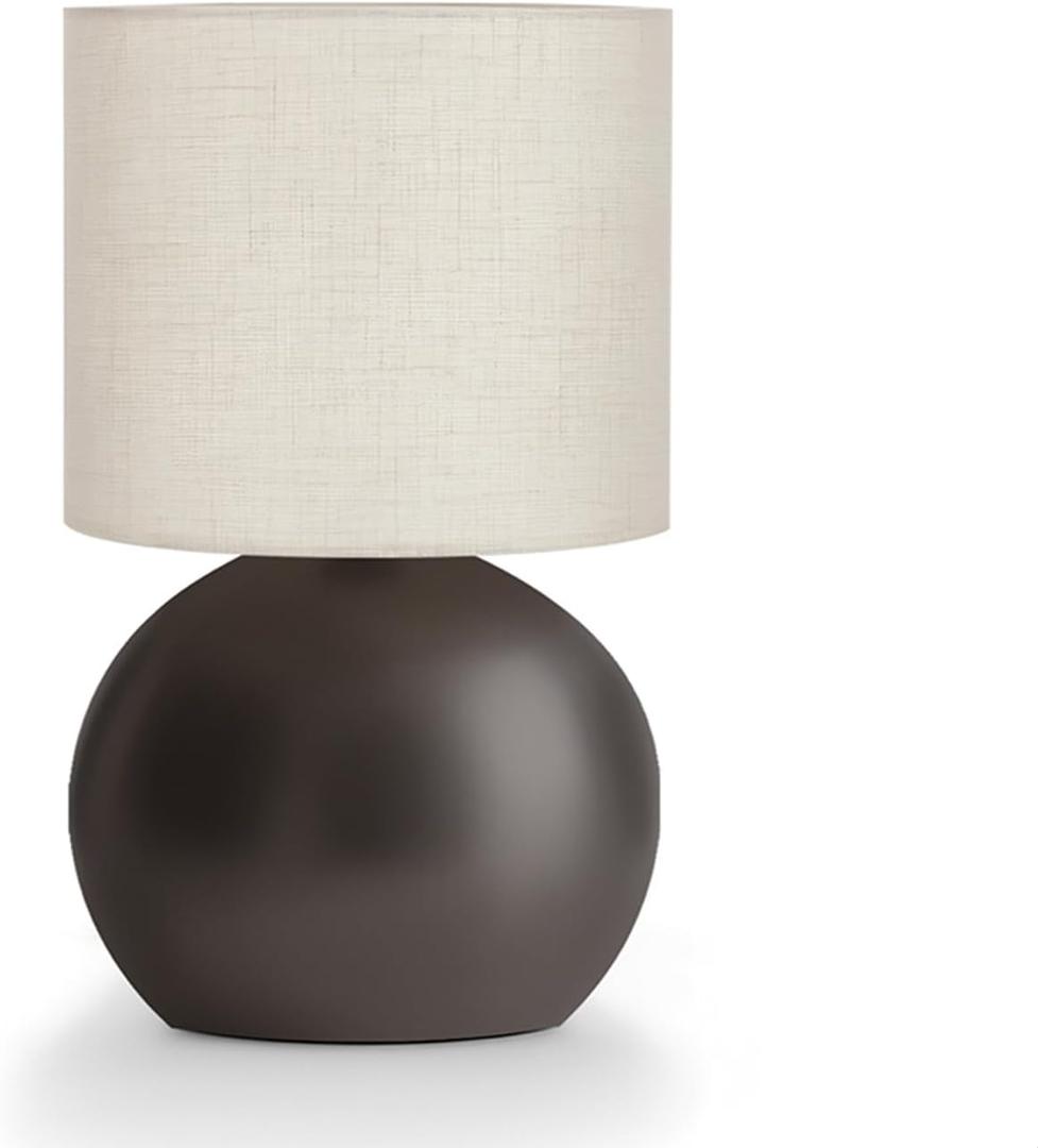 Modern Brown Small Table Lamp with Cotton Linen Shade, 10.4-inch LED Desk Light, One-Button Switch for Bedroom, Living Room, Nightstand, Includes Warm Light Bulb