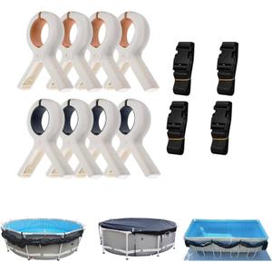 Pool Cover Clip Kit and Pool Cover Side Organizer Straps, Assist Single Person to Install Cover and Side Holder for Easy Access (4X Organizer Straps, 8X Clips)