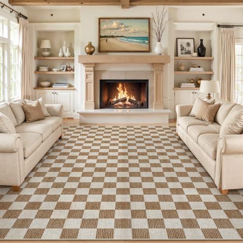 LIVEBOX 9x12 Area Rugs for Living Room, Checkered Non-Slip Washable Rugs, Farmhouse Neutral Classic Geometric Large Boys Area Rug for Bedroom, Carpet for Living Dining Room Office(Brown,9'x12')