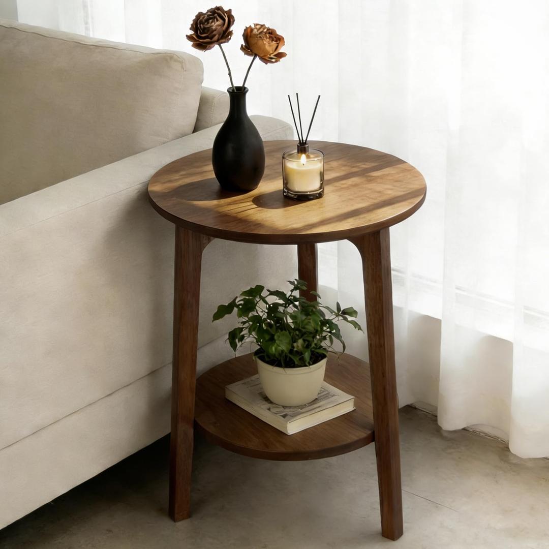 2-Tier Round Coffee Table Wood Nesting Side Table (Walnut, 16x16x20)