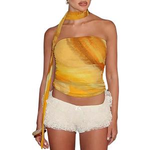 Women Y2K Mesh Tube Top Tie Dye Strapless Ruched Sleeveless Bandeau Tank Top Slim Fit Camisole Summer Crop Top with Scarves Yellow (Yellow, L)