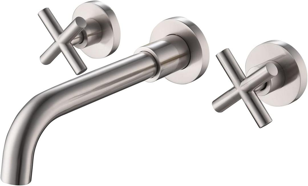 Wall Mounted Faucet Bathroom Sink, 360 Degree Rotating Nozzle, 2 Cross Handles, with Thick Valve, Brushed Nickel (Brushed Nickel) Wall Mounted Faucet Bathroom Sink, 360 Degree Rotating Nozzle, 2 Cross Handles, with Thick Valve, Brushed Nickel (Brushed Nickel)
