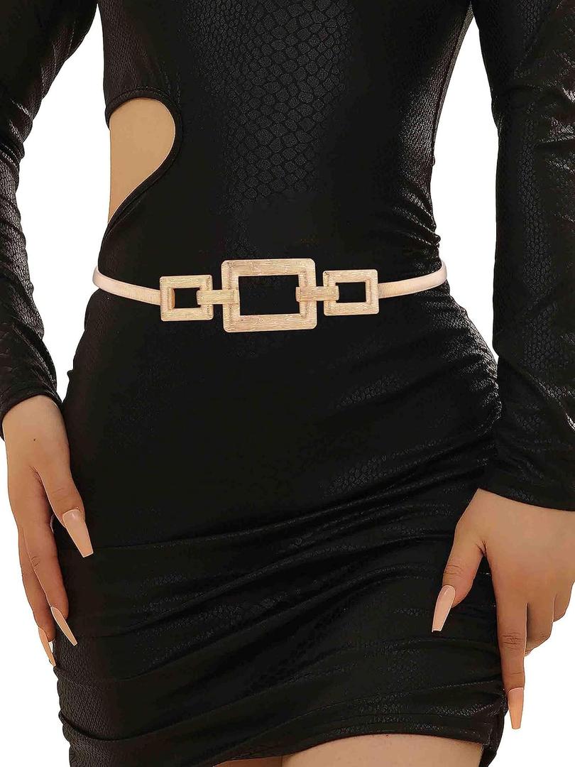 Tgirls Women Elastic Belt Metal Gold Belt Thin Rhinestone Skinny Waist Belt for Women Dresses (Square)