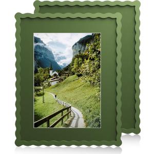 11x14 Wavy Picture Frame With Mat For 8x10, Wavy Edge Wooden Picture Frame with Real Glass - Wall Mount Display, Green, 2 Pack