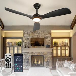 Ceiling Fan with Light Modern: 52 Inch Outdoor Fan for Patios - Black Ceiling Fan for Indoor - 3 Blade Fan Light Dimmable Remote APP Control Reversible Timer Noiseless