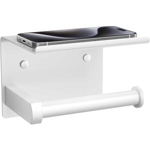 Tindbea Toilet Paper Holder with Phone Shelf, Adhesive or Screw Wall Mount Toilet Tissue Roll Holder, Rustproof & Multifunctional Stainless Steel Bathroom Storage Dispenser (White)