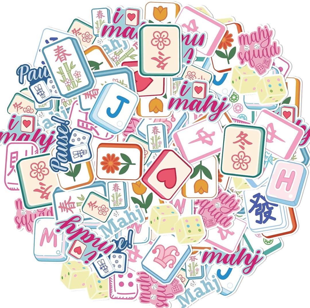 100PCS Mahjong Stickers Waterproof Pink Mahjong Stickers for Scrapbook Laptop Water Bottle Phone Pad Computer Journal Birthday Baby Shower Bridal Shower Party Supplies