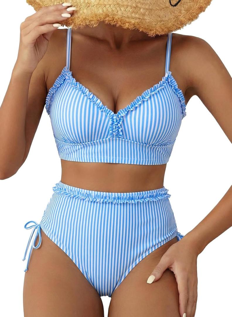 Herseas Women's Splice Ruffle Trim Bikini Sets Tie Side Swimsuits High Waisted Bathing Suits (Blue, M)