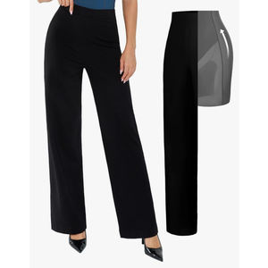 Popilush Dress Pants for Women Tummy Control 2 in 1 Work Slack High Waisted Wide Leg with Pockets Business Casual M