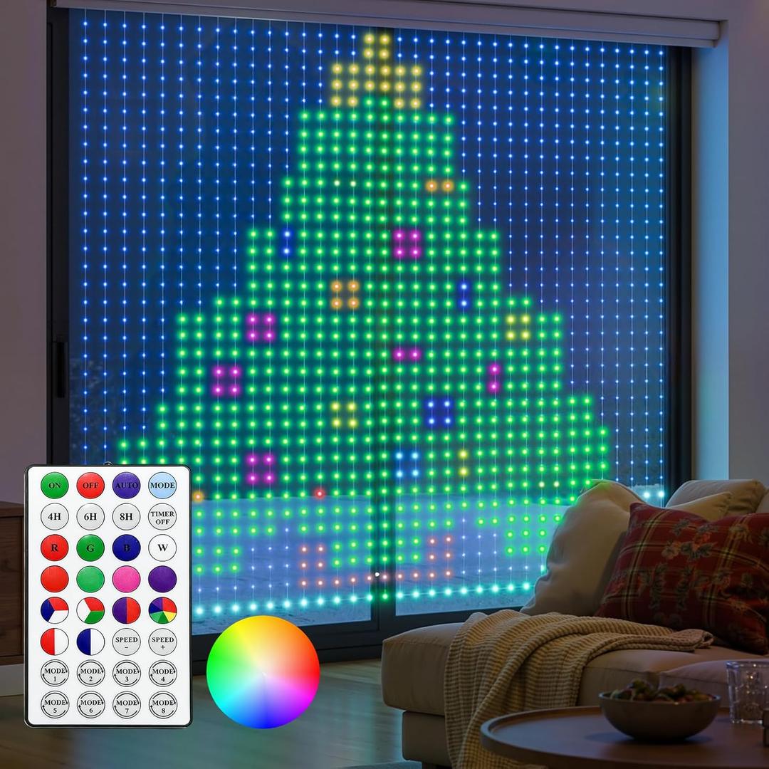 Brightown 400 RGBIC LED Smart Curtain Fairy Lights, 6.6x6.6ft Dynamic Color Changing Christmas String Lights with Remote, IP65 Waterproof Smart Wall Window Lights for Bedroom Living Room Garage