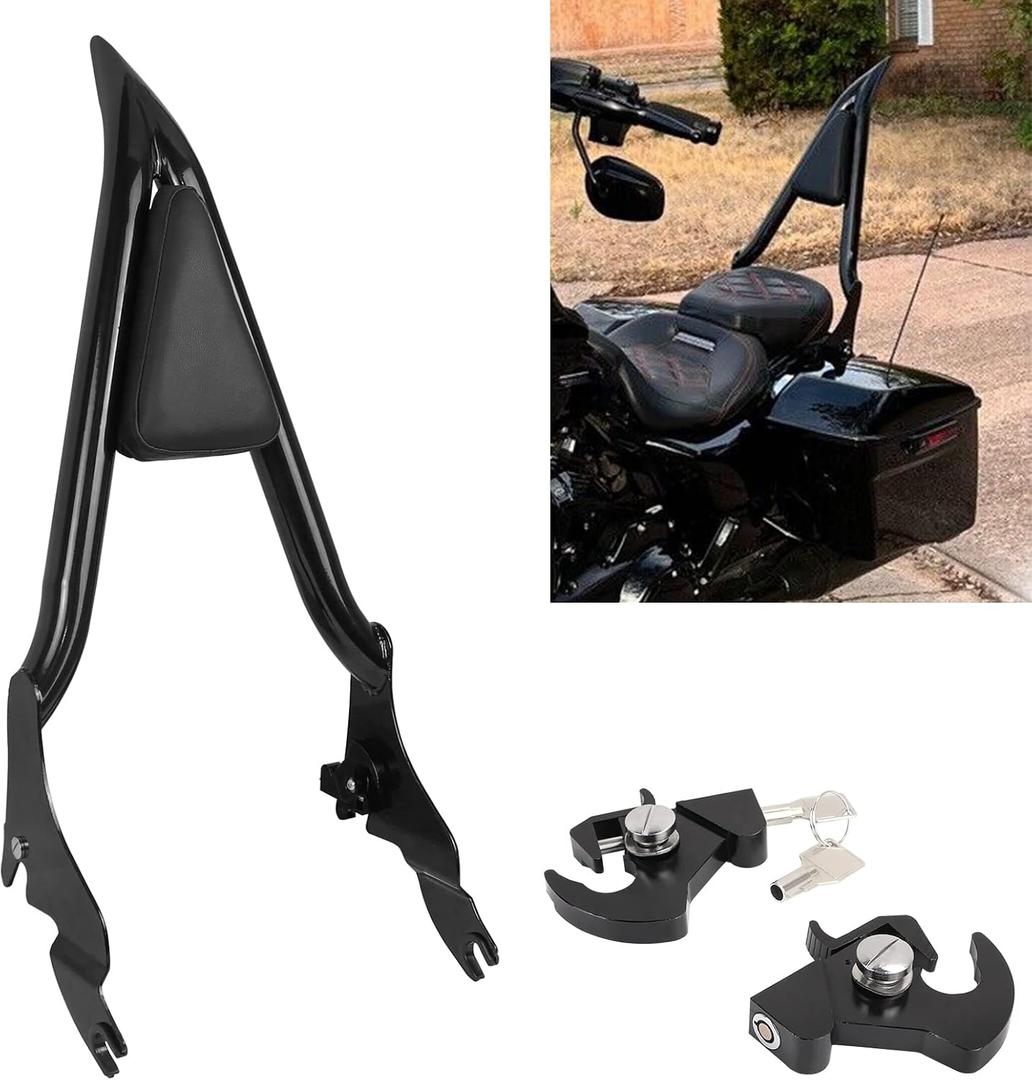 AUFER 28" Motorcycle Rear Passenger Backrest Sissy Bar With Pad Locked Rotary Docking Latches Clips With Keys Compatible With For Touring Road King Road Glide Street Glide Electra Glide 2009-2025, 28" Sissy Bar