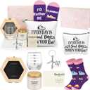 Weysat 8 Pcs Women's Marathon Gifts Set Funny Running Favors Hexagon Medal Display Case Novelty Socks Scented Candle Makeup Bag Stemless Glass Set Birthday Competition Gifts for Runner Marathon Lover