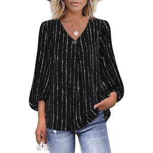Womens Balloon 3/4 Sleeve Causal Loose V Neck Chiffon Blouses Tops, Medium