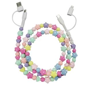 Beaded Charging Cord for Phone 4 in 1 Multi Colorful Charging Cable Stars Beads Charging Cord 3.3FT for Girls Fast Charging for iPhone Android