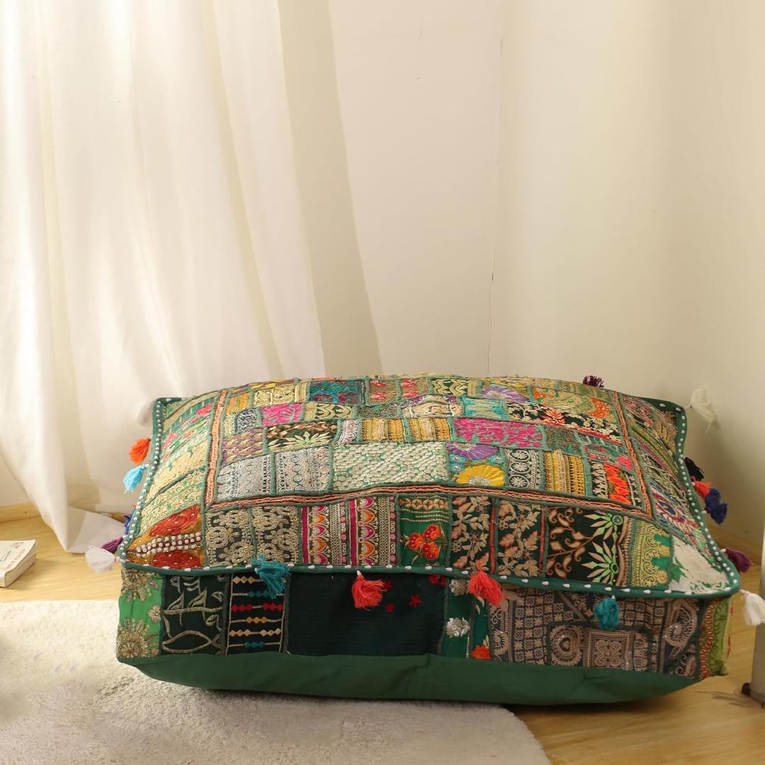 THE ART BOX Cotton Patchwork Vintage Boho Embroidered Floor Pillows & Cushion Cover Dog Pouf Seating Pouf Meditation Pillow Pet Bedding Cat Bed Boho Home Dcor (35x35 Inches, Cover Only)