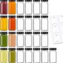 25 Pack 2 oz Glass Shot Bottles w/ Black Lids & 25 Labels - Small Clear Jar for Ginger, Wellness Shot, Juice, Sample, Whiskey - Travel Essentials Mini Bottles - Wide Mouth, Leakproof, Dishwasher Safe