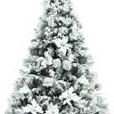 5ft Snow Flocked Hinged Christmas Tree w/Berries & Poinsettia Flowers CM23504