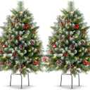 34" Prelit Small Christmas Tree with Lights, Battery Operated Xmas Tree with Pine Cedar Cones & Berries, Frosted Urn Filler, 50 LED Warm Lights with Timer, Outdoor for Porch and Pathway, 2 Pack