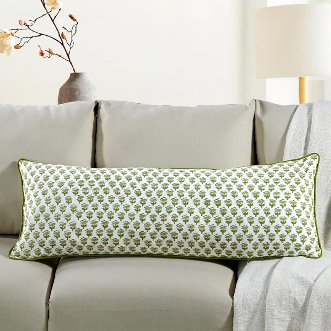 CPC Emerald Green 100% Cotton Block Print Sham Cover 14x36 inch, Handmade Boho Floral Pillowcase, Farmhouse Cottagecore Bedding, Soft Decorative Cushion Cover for Bedroom Dcor