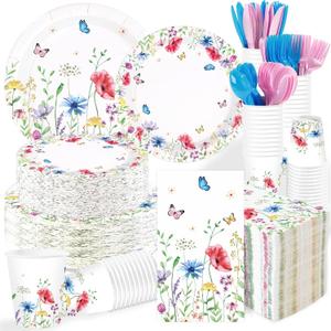 400Pcs Spring Party Decorations Wildflower Floral Plates Napkins Cups Forks Knives Spoons Watercolor Butterfly Disposable Tableware Set for Spring Summer Garden Tea Party Supplies Serves 50