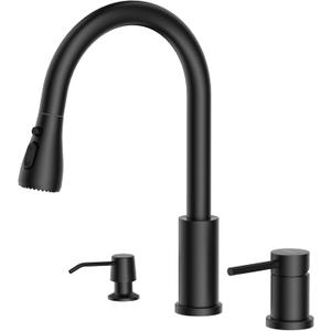 APPASO 3 Hole Kitchen Faucet, Matte Black Kitchen Faucet with Soap Dispenser and Pull Down Sprayer 3 Modes, Stainless Steel High Arch Kitchen Sink Faucet with Separate Handle 3 Pieces
