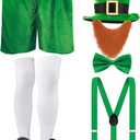 Patelai 7 Pcs St Patrick's Day Costume Leprechaun Hat Beard Suspender Bow Tie Shorts Socks Gold Shoe Buckles Outfit (Large)