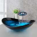 Oval Blue Glass Vessel Sink 22x14 Inch with Waterfall Faucet and Pop-Up Drain Tempered Glass Basin Top Mount Bathroom Sinks Boat Shape Design Bowl for Apartment Bathrooms Vanities