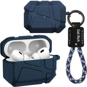 Fofvccv for AirPods Pro 2nd Generation Case Armor Cool Meteorite Texture with Keychain Lanyard for Men, Rugged Hard Shell Full Body Drop Shockproof Protective Cover for Airpods Pro 2 YS Blue