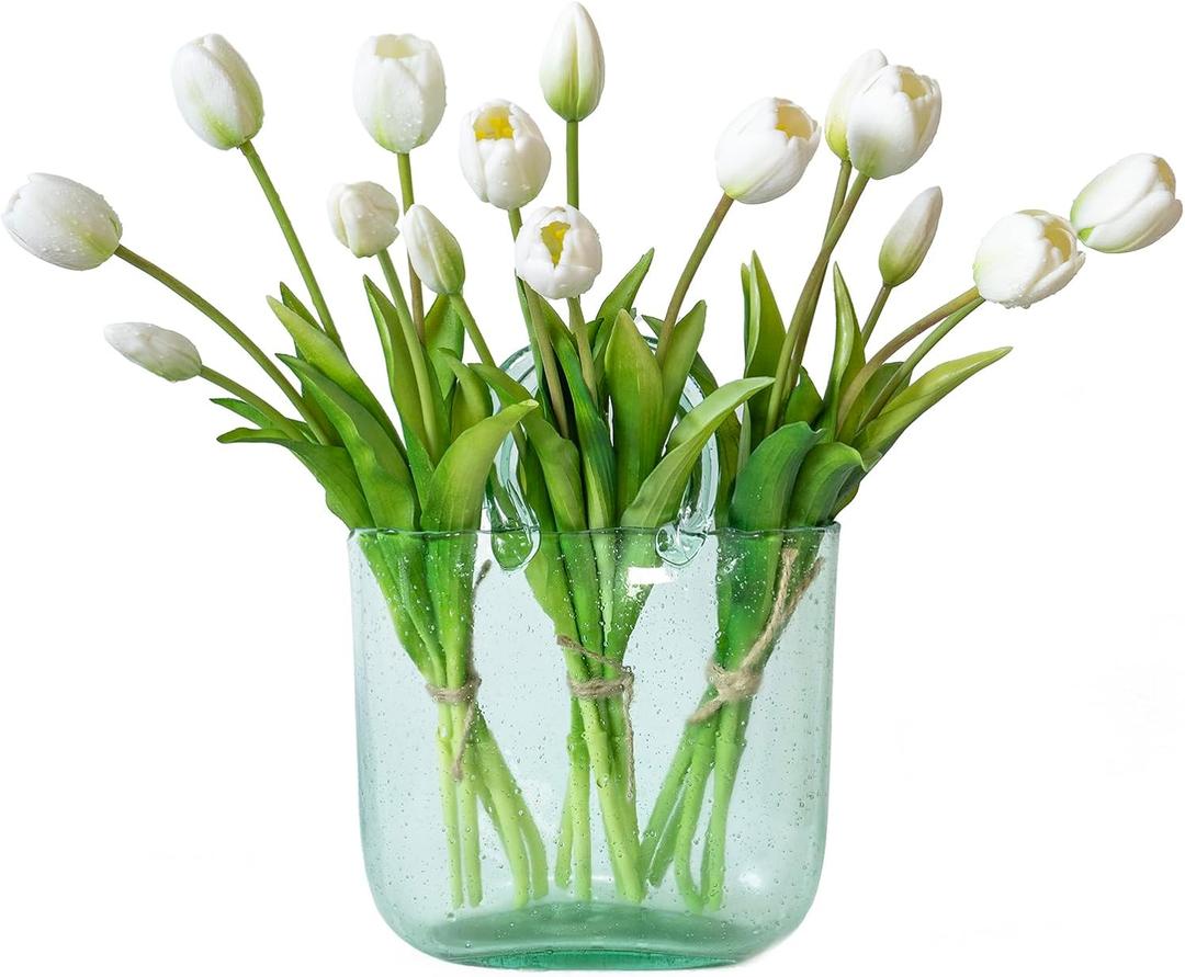 DUYONE 15pcs Artificial Tulips Flowers, Latex Bouquet, Fake Tulips for Office Wedding Party Home Kitchen Garden Decoration-B White