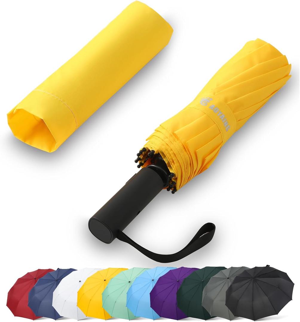 GAOYAING 46 Inch Large Automatic Travel Umbrella, 12 Ribs Windproof Design, Heavy Duty Strong 210T Pongee Fabric Folding Umbrella with Sleeve, Yellow