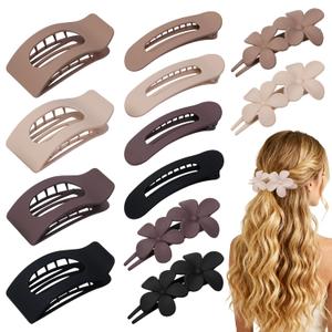 12 Pack Flat Hair Clips for Women  Matte Neutral Square Claw Clips, Flat Barrettes & Flower Pins in Black, Blonde,Light Brown & Dark Brown, Soft Touch Hair Accessories for Thick & Thin Hair