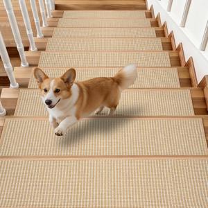 Natural Jute Stair Treads Non Slip Indoor 15PCS Stair Runners for Wooden Steps Peel and Stick Stairs Carpet Treads Staircase Covers Mat Stair Runner Rug for Pets Kids and Elders 8"x30" Beige