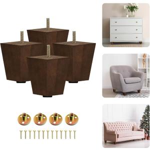 Yes4All 3 Inches Square Wood Furniture Legs Set of 4 - Wooden Replacement Feet for Couch - Adjustable Sofa, Ottomans Tapered Leg with Leveler - Brown Solid Wood Parts for Table, Chair