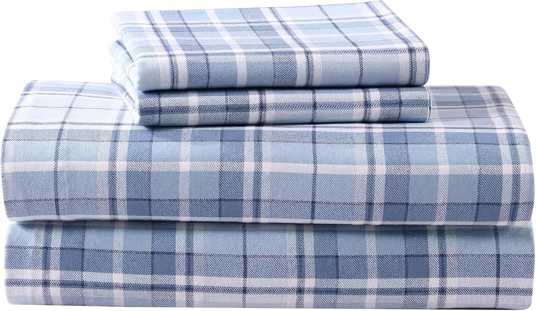 Laura Ashley - Queen Sheet Set, Cotton Flannel Bedding, Brushed for Extra Softness & Comfort (Mulholland Plaid Blue, Queen)