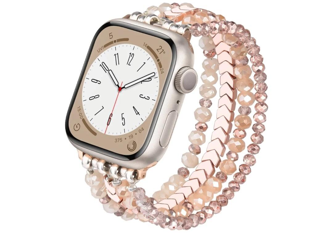 MOFREE Beaded Bracelet Apple Watch Band for Women 38mm 40mm 41mm 42mm, Elastic Stretch Women Strap Bands Compatible with iWatch Series 11/10/9/8/7/SE/6/5/4/3/2/1, Rose Gold for 5.3''-6.2'' Wrists