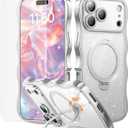 3 in 1 for iPhone 17 Pro Case with 360 Spin Magnetic Stand, 1X DIY Glitter Cardstock +1X Screen Protector, [Fit for Magsafe]Cute Wavy Trendy Glossy Clear Phone Cover for Women Girls 6.3Inch, Silver