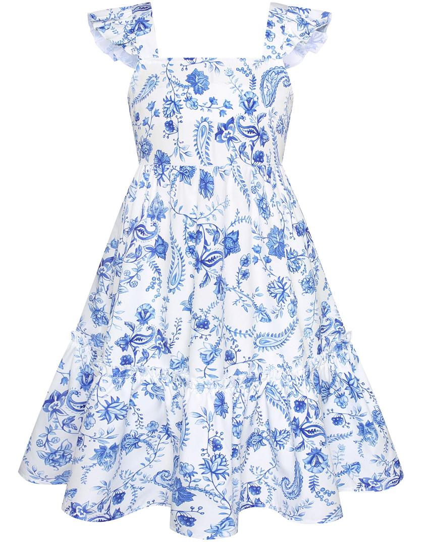 GRACE KARIN Girls Summer Floral Dress Fancy Flowy Flutter Sleeves Casual Back Bow Tie Dress, 10Y Blue and White (White)